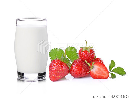 glass of milk and strawberry on white background 42814635