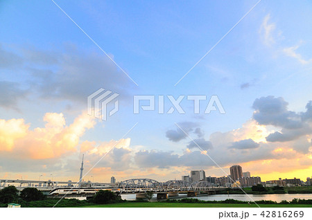 夕暮れの荒川鉄橋を渡る京成スカイライナーとスカイツリー 夕暮れの荒川鉄橋を渡る京成スカイライナーとスカイツリー 42816269