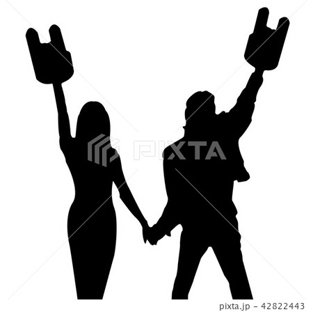 silhouette of people with raised hands with horns silhouette of people with raised hands with horns 42822443