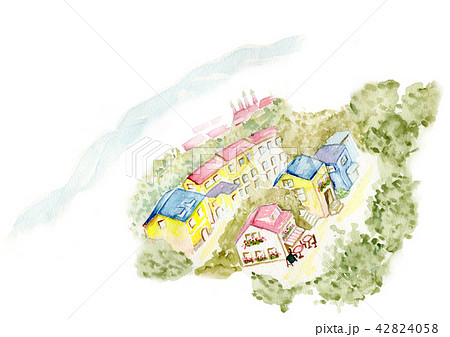 風景 赤い屋根 森 カフェ 青い屋根 棟 自然 手描き 水彩画のイラスト素材