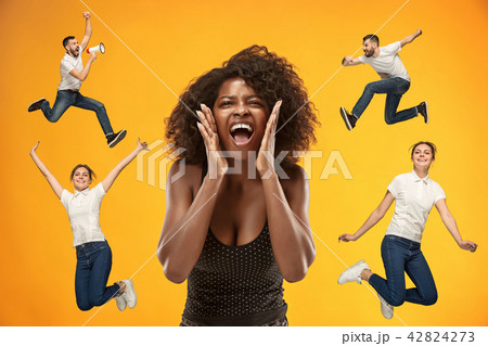 Beautiful woman looking suprised and running and jumping man and girl Beautiful woman looking suprised and running and jumping man and girl 42824273