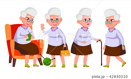 Old Woman Poses Set Vector. Elderly People. Senior Person. Aged. Funny Pensioner. Leisure. Postcard 42830310