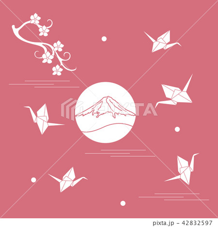 Branch of cherry blossoms, mount Fuji and origami 42832597
