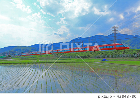 田植え直後の田園地帯を行く小田急ロマンスカーGSE70000形 42843780