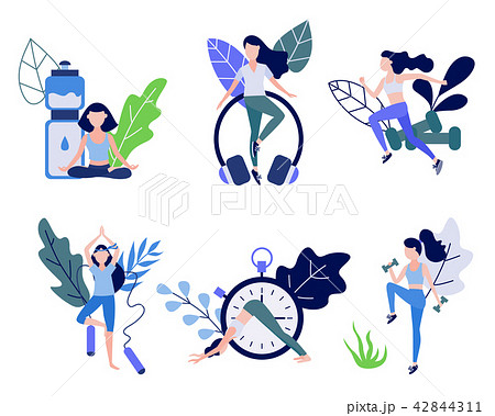 Young woman doing sports set - flat female character practicing yoga and cardio trainings. Young woman doing sports set - flat female character practicing yoga and cardio trainings. 42844311