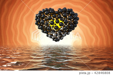 black heart made of spheres with reflections isolated on involute bright background and waterscape 42846808