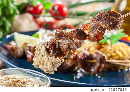 Traditional pork satay with peanut sauce 42847016