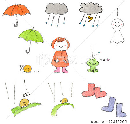 雨の日のイラストセット（てるてる坊主、傘、カエル、カタツムリ、長靴、雨雲、レインコートの女の子） 42855266