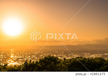 《富山県》富山の絶景・砺波平野、散居村の夕景 42861375