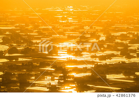 《富山県》富山の絶景・砺波平野、散居村の夕景 42861376