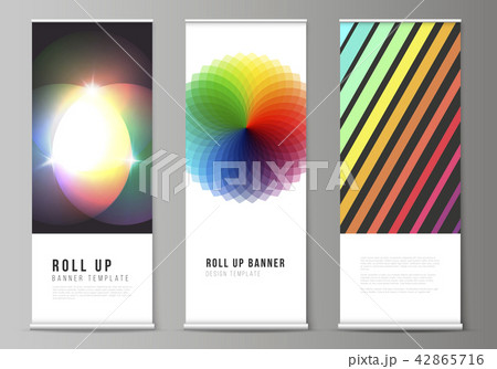 The vector illustration of the editable layout of roll up banner stands, vertical flyers, flags 42865716