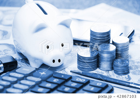 Blue theme piggy bank and stack coin on the table Blue theme piggy bank and stack coin on the table 42867103