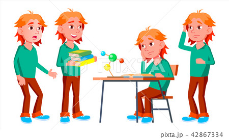 Boy Schoolboy Kid Poses Set Vector. High School Child. Teenage. Beauty, Lifestyle, Friendly. For 42867334