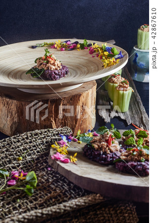 Spicy minced pork salad and sticky rice. Spicy minced pork salad and sticky rice. 42867610