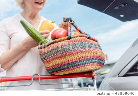 Cheerful senior woman holding a basket full of fresh vegetables Cheerful senior woman holding a basket full of fresh vegetables 42869040