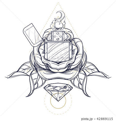 Hand drawn vintage lighter with roses and diamond. Hand drawn vintage lighter with roses and diamond. 42869115