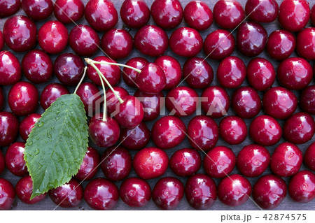 Fresh sweet cherries bowl with leaves 42874575