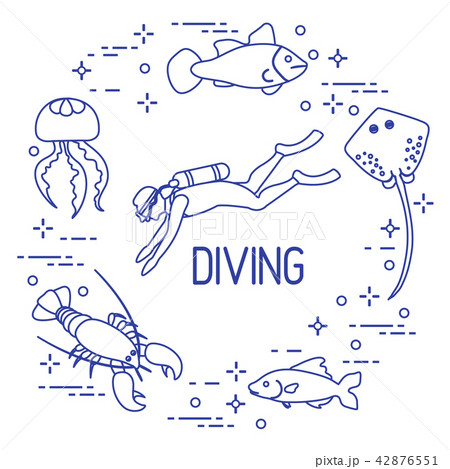 Diver, jellyfish, lobster, stingray, fish Diver, jellyfish, lobster, stingray, fish 42876551