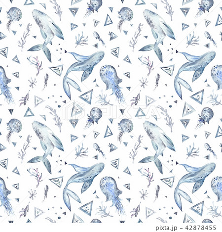 Seamless Watercolor Blue And Grey Whale Patternのイラスト素材