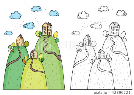 Illustration of houses with trees on hill Illustration of houses with trees on hill 42896221