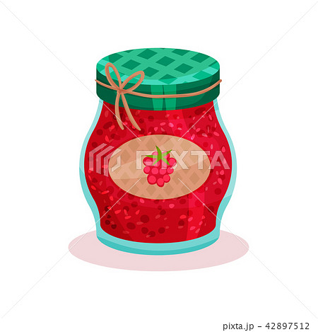 Glass jar with raspberry jam. Home made product. Organic and healthy food. Flat vector for promo Glass jar with raspberry jam. Home made product. Organic and healthy food. Flat vector for promo 42897512