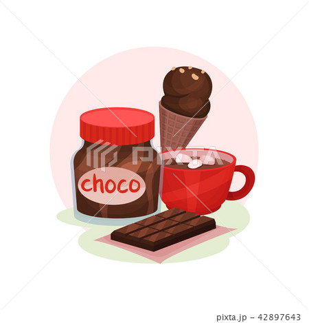 Sweet food products. Cup of cocoa with marshmallows, ice-cream, chocolate bar and jar of paste. Flat Sweet food products. Cup of cocoa with marshmallows, ice-cream, chocolate bar and jar of paste. Flat 42897643