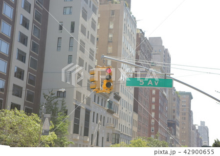 red traffic light on the 5th avenue in new-york 42900655