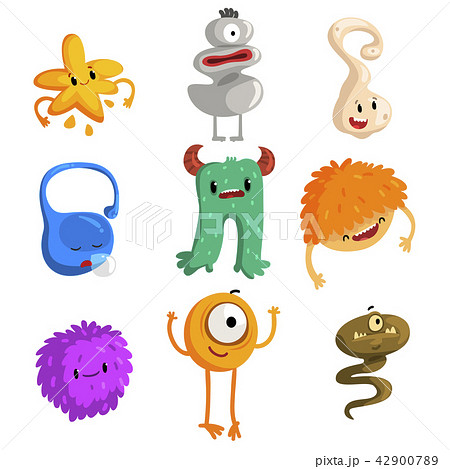 Flat vector set of funny little monsters. Cartoon fantastic creatures for children book, mobile game Flat vector set of funny little monsters. Cartoon fantastic creatures for children book, mobile game 42900789