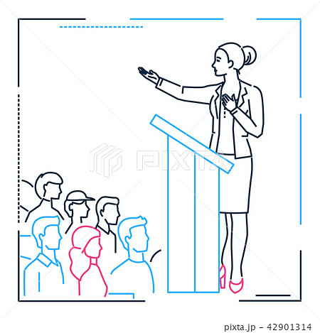 Businesswoman speaking from a platform - line design style illustration Businesswoman speaking from a platform - line design style illustration 42901314