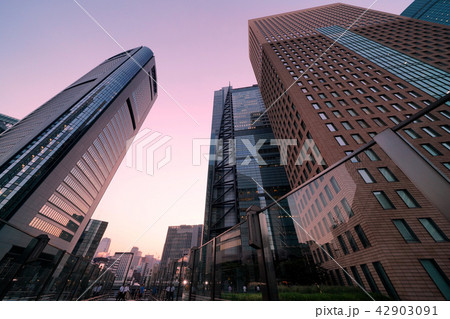 日本の東京都市景観　夕空に映える汐留の超高層ビル群や新幹線 42903091