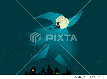 Halloween: witch flies on broomstick, full moon 42910497
