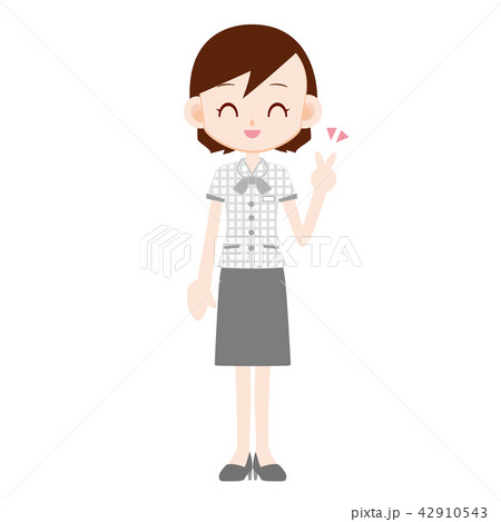 白いオーバーブラウスの制服のOL 　ピースサイン 42910543