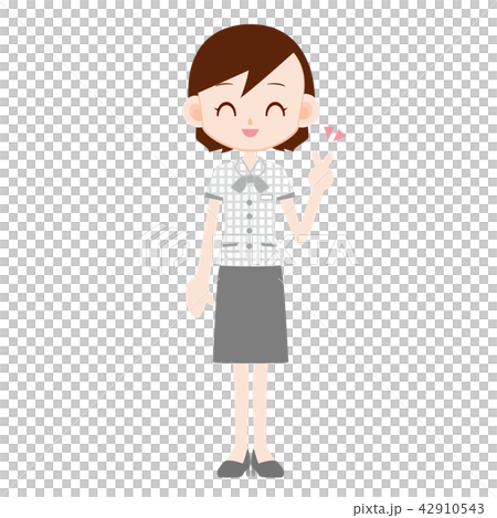 白いオーバーブラウスの制服のOL 　ピースサイン 42910543