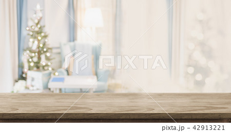 Empty wood table with warm living room decor xmas 42913221