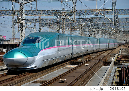 入線する東北新幹線e5系u編成やまびこ つばさの写真素材