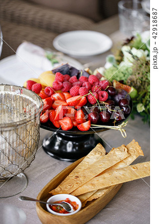 Fresh Fruit platter on banquet table at business or wedding event venue. Self service or all you can 42918687