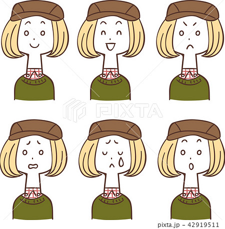 ハンチング帽を被った女性の表情6種類のイラスト素材