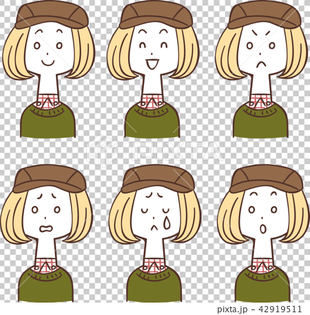 ハンチング帽を被った女性の表情6種類のイラスト素材