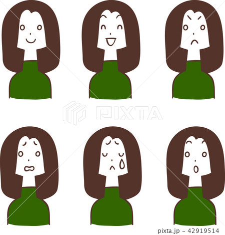 ロングヘアの女性の表情6種類のイラスト素材