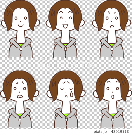 パーカーを着た女性の表情6種類のイラスト素材 パーカーを着た女性の表情6種類のイラスト素材