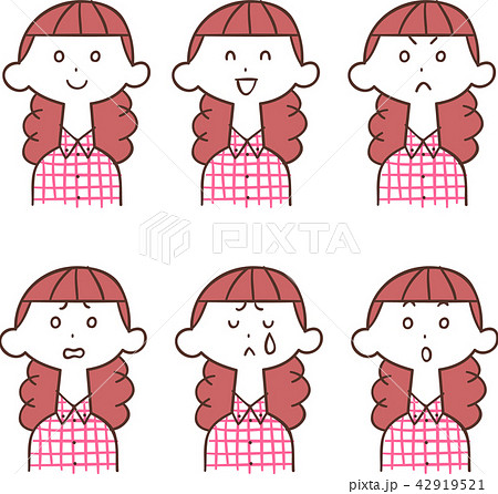チェック柄のシャツを着た女性の表情6種類のイラスト素材