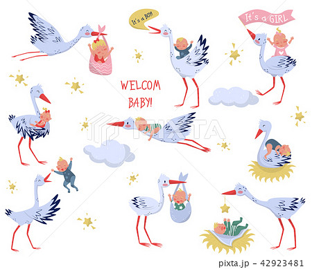 Flat vector set of white storks with babies. Lovely birds and newborn kids. Elements for children Flat vector set of white storks with babies. Lovely birds and newborn kids. Elements for children 42923481