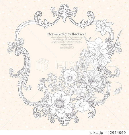 Summer flowers: poppy, daffodil, anemone, violet with vintage rococo frame for text. 42924069