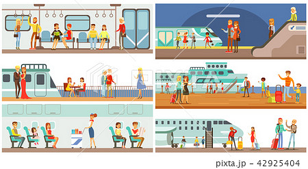 People in public transport set, passengers of the underground, airplane, cruise ship vector 42925404