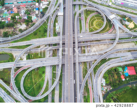 Aeriel view highway road intersection. 42928887