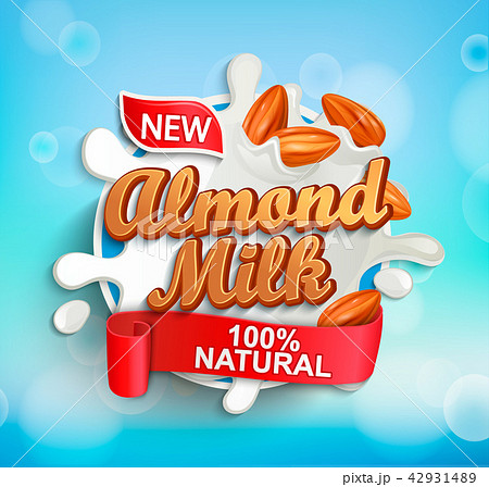 Label for almond milk with almonds, milky splash. 42931489