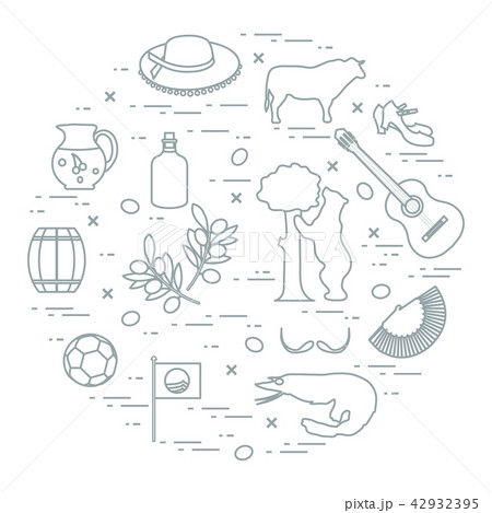 various symbols of Spain arranged in a circle various symbols of Spain arranged in a circle 42932395