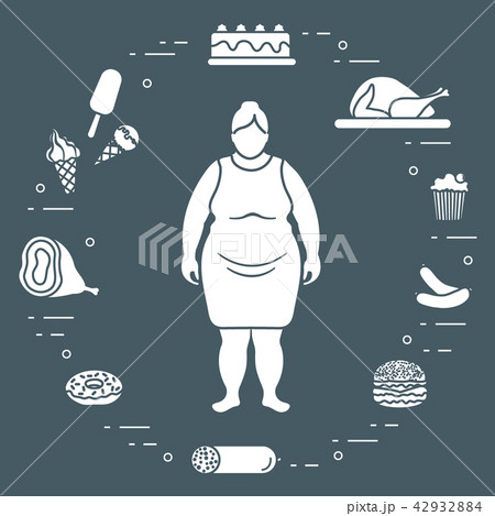 Fat woman with unhealthy lifestyle symbols around 42932884