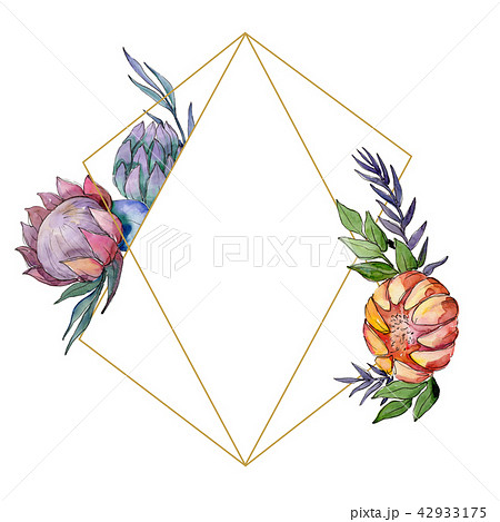 Watercolor colorful bouquet flowers. Frame border ornament square. 42933175