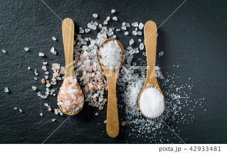 Different types of salt. Top view on wooden spoons Different types of salt. Top view on wooden spoons 42933481